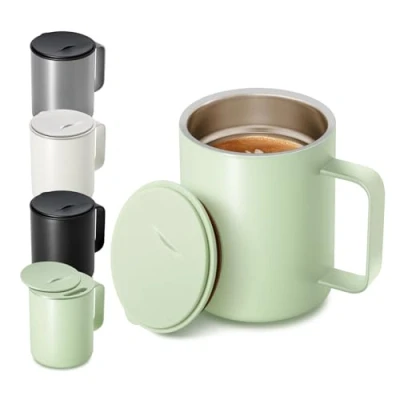 Image of Homealexa 400 ml Coffee Mug, Double Walled Vacuum Thermal and Tea Cup, Stainless Steel, Mug with Handle Sliding Lid Green
