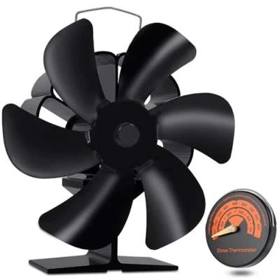 Image of MIVITOOM 6 Blade Log Burner Fan with Thermometer Mini Stove Heat Powered Wood for Burning Stove, Silent Operation Eco Friendly Circulation Wood/Log Burner/Fireplace