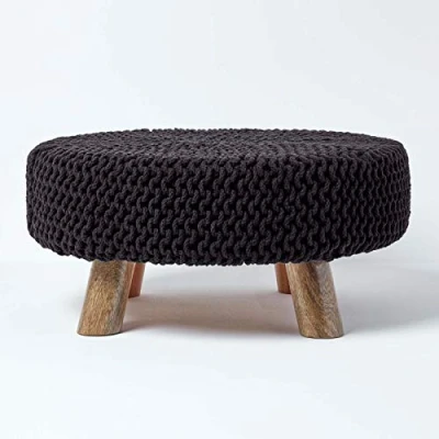 Image of HOMESCAPES Black Knitted Pouffe Footstool Occasional Seat 100% Cotton for Living Room Children or the Elderly