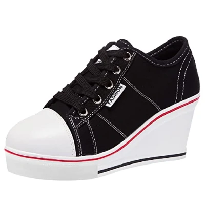 Image of ANUFER Women&#039;s Wedge Heel Lace up Canvas Trainers Shoes Black SN02435 UK5