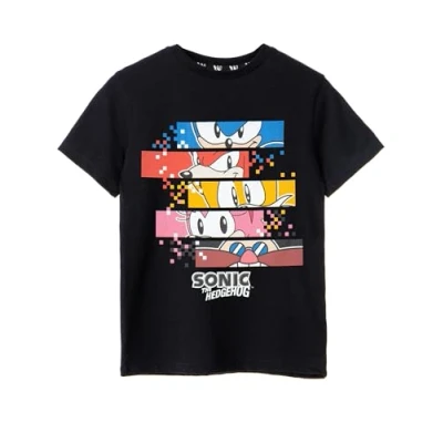 Image of Sonic THE HEDGEHOG Boys T Shirt Pixels Character Gamer Graphic Tee Knuckles Tails Amy Dr. Eggman Classic Logo Game Top Merchandise Apparel Gift for Kids &amp; Teens Black