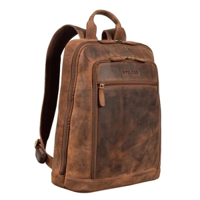 Image of STILORD &#039;Watson&#039; Laptop Backpack 15.6 inch Leather Daypack Large Vintage Rucksack Bag Business Office Bags XL in Genuine Leather, Colour:Sepia Brown