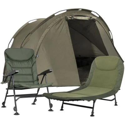 Image of Dellonda Fishing Bivvy Carp Tent Lightweight 2 Man Waterproof &amp; UV Protection with Fishing/Camping Chair Adjustable Bedchair Fleece Mattress DL143