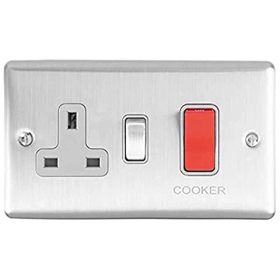 Image of Enhance Decorative 45A Switch With a Socket Satin Stainless Finish Grey Trim