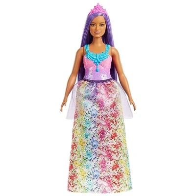 Image of Barbie Dreamtopia Royal Doll with Curvy Body, Purple Hair &amp; Sparkly Bodice Wearing Removable Skirt, Shoes Headband, HGR17