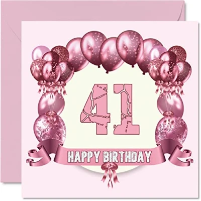 Image of Fun 41st Birthday Cards for Woman Balloons Happy Card Dad Mum Brother Sister Grandad Nanny Grandma Uncle Auntie, 145mm x Greeting Cards,
