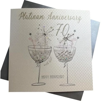 Image of White Cotton Cards Flutes Happy Anniversary &#039;Platinum&#039; 70 Years Handmade Card, White, BD170, 16cm X 16 cm