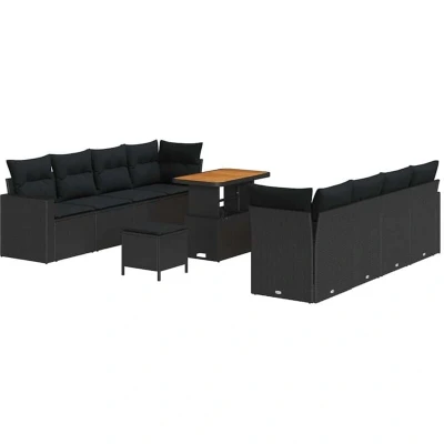 Image of vidaXL 11 Piece Garden Sofa Set with Cushions Black Poly Rattan Acacia