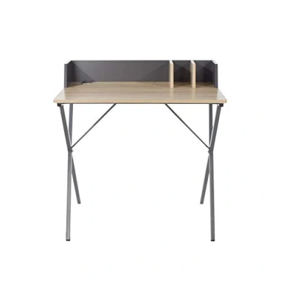 Image of Home Source Compact Desk Computer Table, Study PC Laptop Workstation, Oak Effect and Grey Frame, Storage Dividers, Engineered Wood