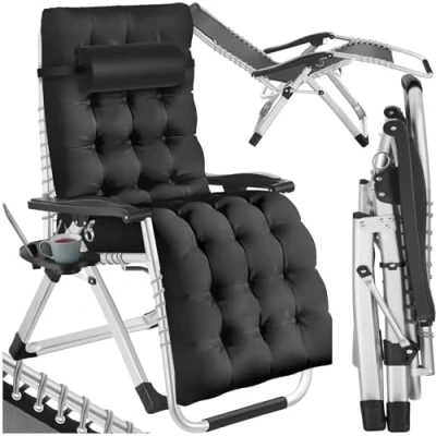 Image of TecTake® Folding Sun Lounger Adjustable Backrest &amp; Footrest, Soft Cushion Pad, Breathable Fabric, Sturdy Steel Frame Attachable Side Table Zero Gravity Chair for Garden Patio Black