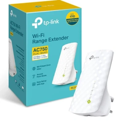 Image of TP Link RE200 AC750 Universal Dual Band Range Extender, Broadband/Wi Fi Wi Booster/Hotspot with Ethernet Port, Plug and Play, Smart Signal Indicator, UK