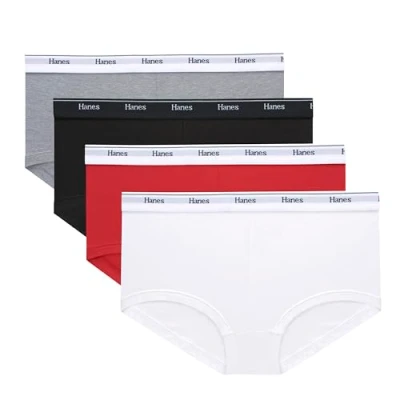 Image of Hanes Women&#039;s Originals Underwear, Breathable Stretch Cotton Boyshort Panties, 4 Pack Boy Short, Shelton Red/Concrete Heather/White/Black, M (Pack of 4)