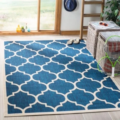 Image of SAFAVIEH Trellis Rug for Indoor &amp; Outdoor Courtyard Collection, Short Pile, in Navy and Beige color, 122 X 170 cm