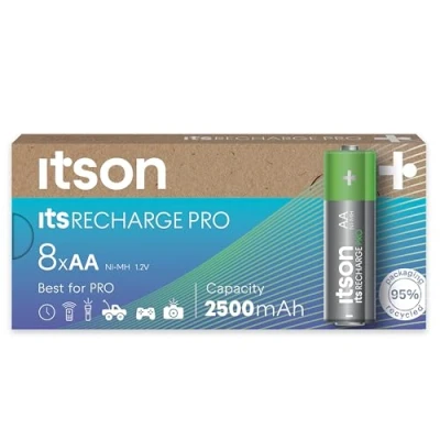 Image of ITSON, AA rechargeable battery, PRO, pack of 8, powerful batteries, pre charged, min. capacity 2500 mAh, packaging made 95 Percent recycled materials, in Japan