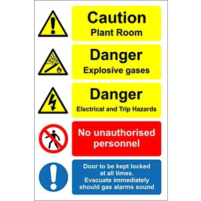 Image of Caution plant room Danger explosive gases safety sign with multi symbols 1.2mm Rigid plastic 300mm x 200mm