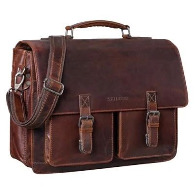 Image of STILORD &#039;Clarence&#039; Leather Business Briefcase A4 Vintage Shoulder Bag 15.6 Inch Large Satchel Trolley Attachable, Colour:Florida Brown
