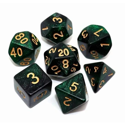 Image of Polyhedral DND Dice Set Glitter for Dungeon and Dragons D&amp;D RPG Role Playing Games Green Mix Black Nebula