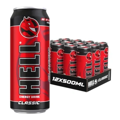 Image of HELL Energy Drink Classic Flavour 12 x 500ml Cans Multipack 32mg/100ml Caffeine Contains Vitamins B2 B3 B5 B6 B12 Preservative Free Vegan Reduce Fatigue &amp; Boost