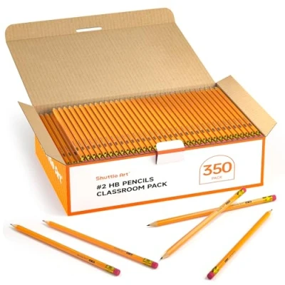 Image of Shuttle Art Wood Cased #2 HB Pencils, 350 Pack Sharpened Yellow Pencils with Erasers, Bulk Graphite for School and Teacher Supplies, Writing, Drawing Sketching