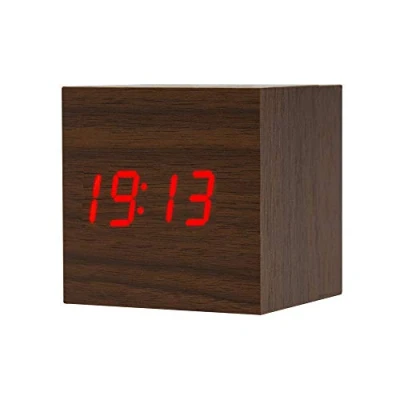 Image of ThreeH Digital Alarm Clock,Wood LED Light Mini Cube Desk Clock Displays Time Date Temperature for Kids,Bedrooms,Home,Dormitory,Travel AC10 Brown_Red