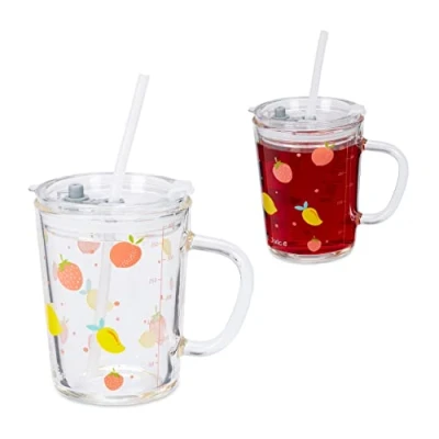 Image of Relaxdays 2X Children&#039;s Cups, Fruity Motif, Drinking Glass for Kids, with Handle, Lid &amp; Straw, 400ml Scale, Transparent, 12 x 12.5 9.5 cm