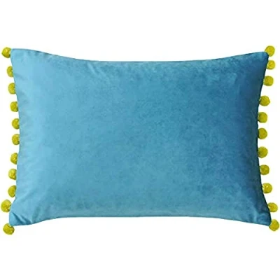 Image of Paoletti Fiesta Teal Blue Velvet Pom Rectangle Cushion Cover (35 x 50 cm)
