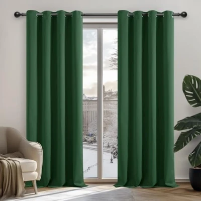 Image of Deconovo Functional Thermal Insulated Curtains Blackout Eyelet for Baby Nursery Dark Green W52 x L95 Inch Two Panels