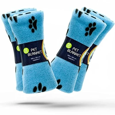 Image of 4 X Dog Blankets Washable With Paw Prints Blanket Cat Soft Warm Fleece Animals Pet Puppy Bed Travel Pack (Blue, 100cm 120cm (Pack of 4))