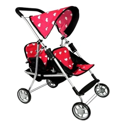 Image of The New York Doll Collection First Twin Buggy (Stroller) Cutest Heart Design Baby Pram Toy Dolls Great Gift for Toddlers, Girls and Boys Pushchair Accessories
