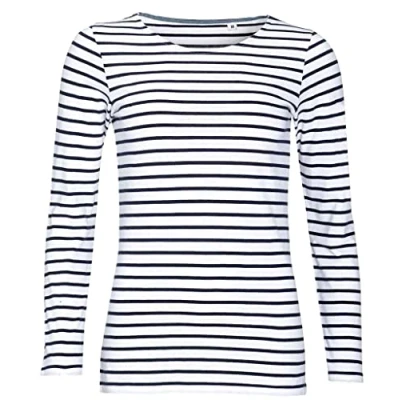 Image of COOZO Ladies Marine Long Sleeve Striped T Shirt White/Navy XL
