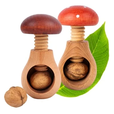 Image of Creative Home 2 x Wooden Nutcracker Mushroom Shaped Toadstool &amp; Boletus 10 6 cm Natural Beech Wood Screw Mechanism for Cracking Nut Red Coloured Dotted Cap Solid Durable