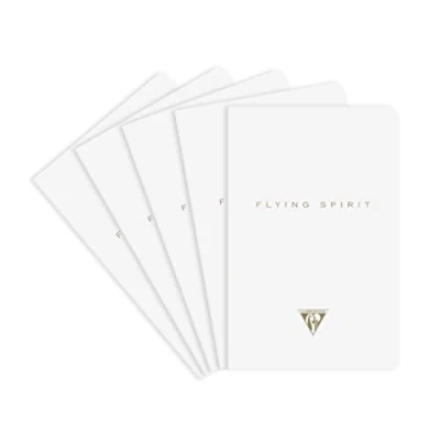 Image of Clairefontaine 104596C A pack of 5 Flying Spirit thread stitched notebooks 96 ivory pages 9x14 cm 90g lined, laminated white card cover, assorted patterns