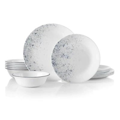 Image of Corelle 18 piece dinner Set, Indigo Speckle, Blue and White for 6, Chip Resistant Dinnerware, includes 26cm plates, 17cm salad / side plates 530ml soup cereal bowls