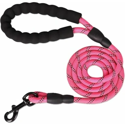 Image of 5FT Rope Dog Lead, Soft Padded Anti Slip Handle, Strong Nylon Leash With Highly Reflective Threads For Small, Medium And Large Dogs (Pink, Large)