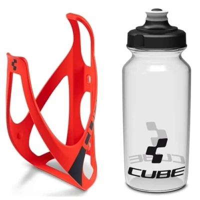 Image of Cube HPP Cage Red/Black &amp; Icon Bottle Clear, 500ml / Water Drink Flask Vessel Bidon Holder Mount Bracket Kit Lightweight Plastic Drinking Hydration Biking Bike Riding Frame Accessories