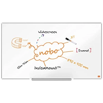 Image of Nobo Widescreen Enamel Magnetic Whiteboard With Pen Tray, 890 x 500mm, Slim Trim Frame, InvisaMount Mounting System, Impression Pro, 89 50cm, White, 1915249