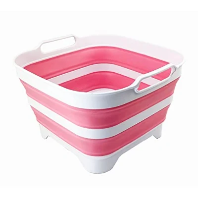 Image of SAMMART 10L Collapsible Dishpan with Draining Plug Foldable Washing Basin Portable Dish Tub Space Saving Kitchen Storage Tray (White/Pink/White)
