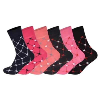 Image of ARG 6 Pairs Ladies Loose Top Non Elastic Cotton Socks Comfort Fit Diabetic Swollen Feet Oedema Poor Circulation women’s, For Wide UK 4 8 (Cotton, Hearts)