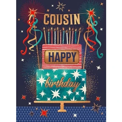 Image of Noel Tatt Cousin Male Birthday Card Cake and Streamers Eco Friendly Recyclable