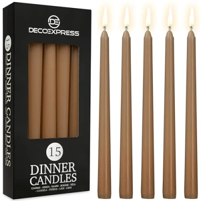 Image of DECO EXPRESS Candles Set Classic Dripless Tapered Metallic Unscented 8H Burning Time, Decorative Dinner for Restaurant Home Christmas (Brown, 15 Pack)
