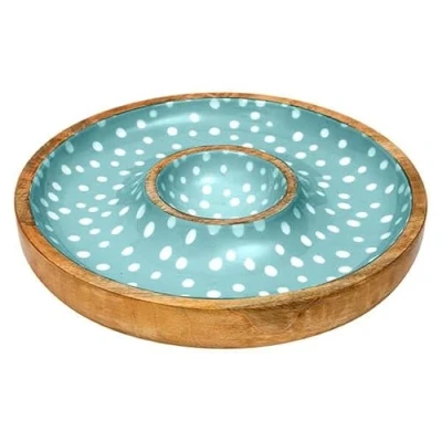Image of Dexam Sintra Mango Wood Spotted Chip and Dip Bowl Duck Egg