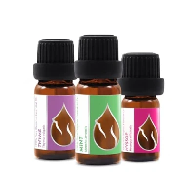 Image of Set Breathe Freely Organic Essential Oils Thyme (10ml) + Mint Hyssop (5ml) 100% Pure and Natural Undiluted Therapeutic Grade Family Owned Farm Non GMO