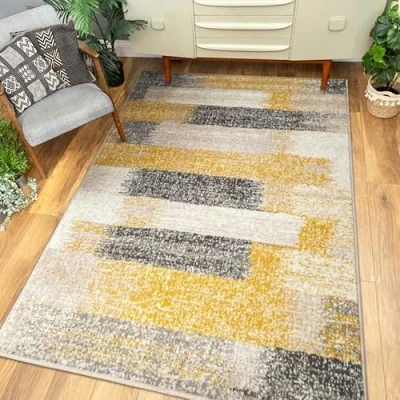 Image of Modern Grey Striped Stain Resistant Living Room Area Rug Ochre Yellow Block Patten Distressed Durable Carpet Entrance Bedroom Hallway Rugs 80cm x 150cm