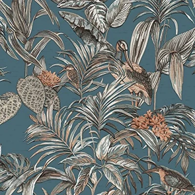 Image of Teal Tropical Wallpaper Birds Palm Textured Blue Cream Paste The Wall Vinyl
