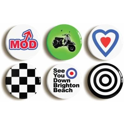 Image of 6 x&quot;RETRO SIXTIES MOD&quot; BADGES BUTTON PINS (1inch/25mm diameter) 1960s