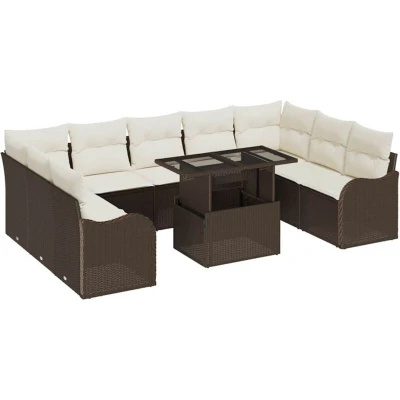 Image of vidaXL 10 Piece Garden Sofa Set with Cushions Brown Poly Rattan