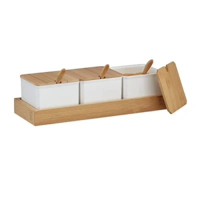 Image of Relaxdays Set of 3 Spice Jars, with Tray, Spoons, Lids, Bamboo &amp; Plastic, Container for Herbs, 11x30x13 cm, White/Brown, 50%