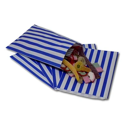Image of EPOSGEAR® 100 Coloured Candy Stripe Sweet Paper Party Bags Ideal for Gift Shops, Wedding Favours, Carts, Buffets etc (Blue, 5&quot; x 7&quot; Premium 45gsm)