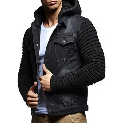 Image of Leif Nelson Men&#039;s Denim Jacket Hoodie LN 5240 Black Small