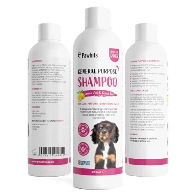 Image of Pawbits Lemon Zest &amp; Green Tea Dog Puppy Shampoo. Plant Based Moisturising Natural Shampoo for Dogs Vitamin Rich Infused with Aloe Vera Alcohol Free Cruelty Fragranced Pet 250ML